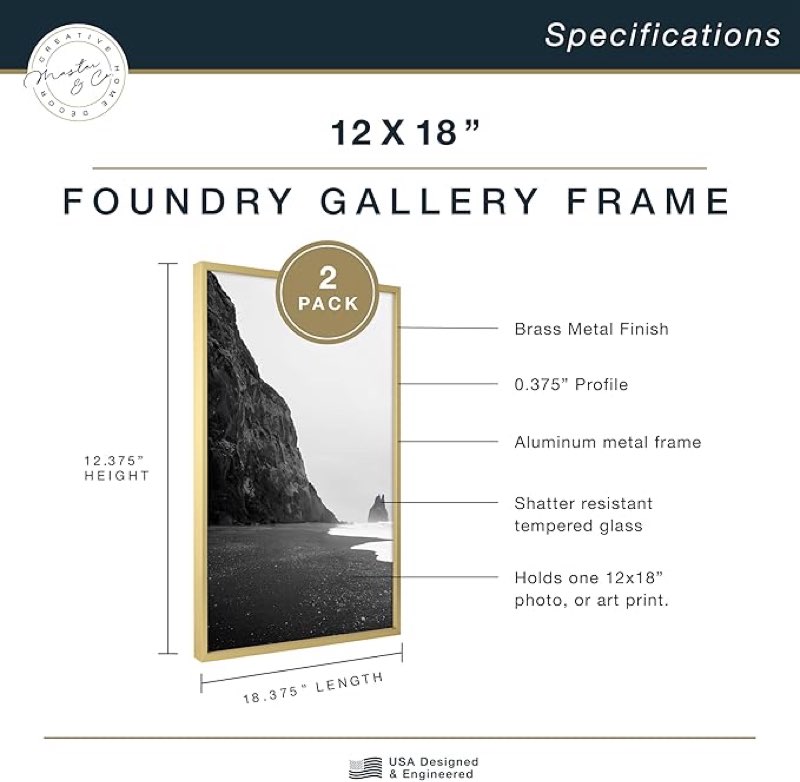 MCS Master & Co. Foundry Metal 12x18 Poster Frame, Vertical & Horizontal Wall Hanging Large Picture Frame for Photos, Posters & Art Prints, Brass 