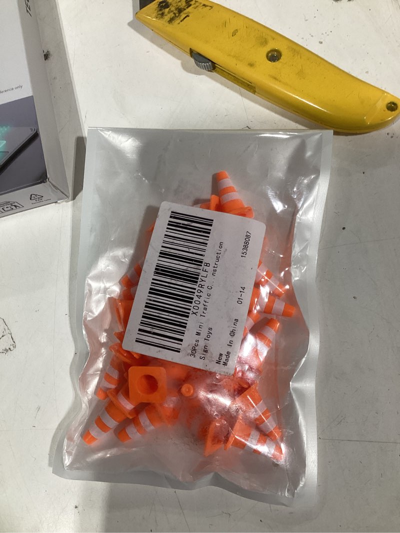 Condition photo showing New/Like New for 30pcs mini traffic cones, 1in mini cones orange small roadblock construction signs, tiny traffic toys training scene roadblocks, multifunctional building theme party sports activity models