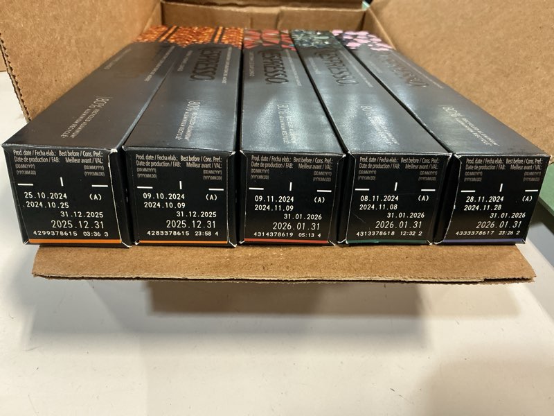 Condition photo showing Good Condition for (Best by 2025-31-12)(different dates)Nespresso Capsules Original Line, Morning Lungo Blends Variety Pack, Mild to Medium to Dark Roast Coffee, 50-Count Coffee Pods Morning Lungo Blends Variety Pack 50 Count (Pack of 1)