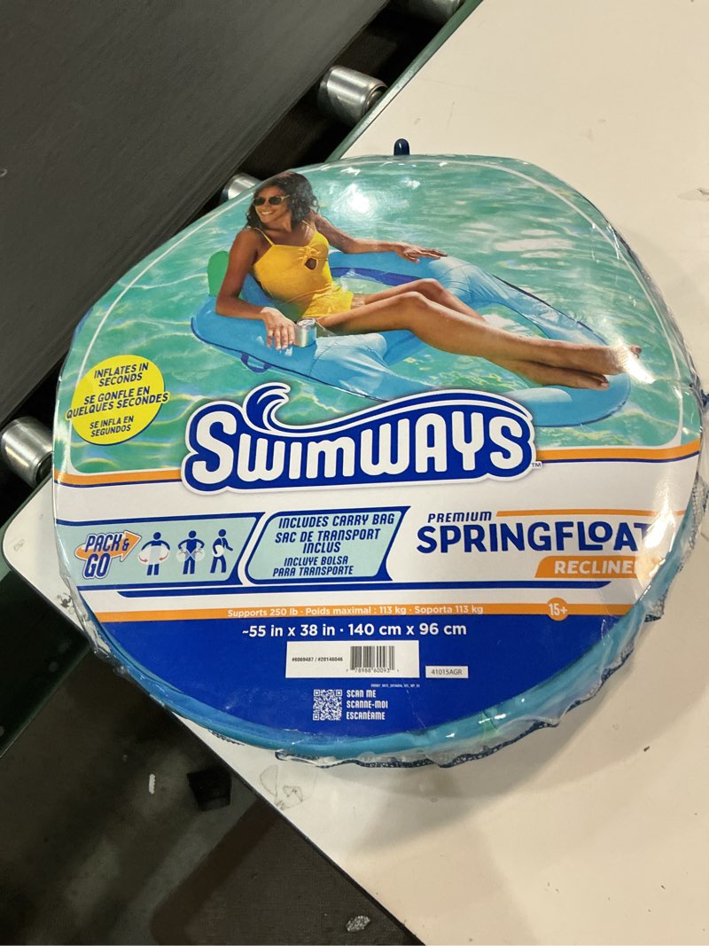 Condition photo showing New/Like New for SwimWays Spring Float Premium Recliner Pool Lounger, Inflatable Pool Floats Adult with Fast Inflation for Ages 15 & Up, Sky Blue Blue Recliner (New Version)