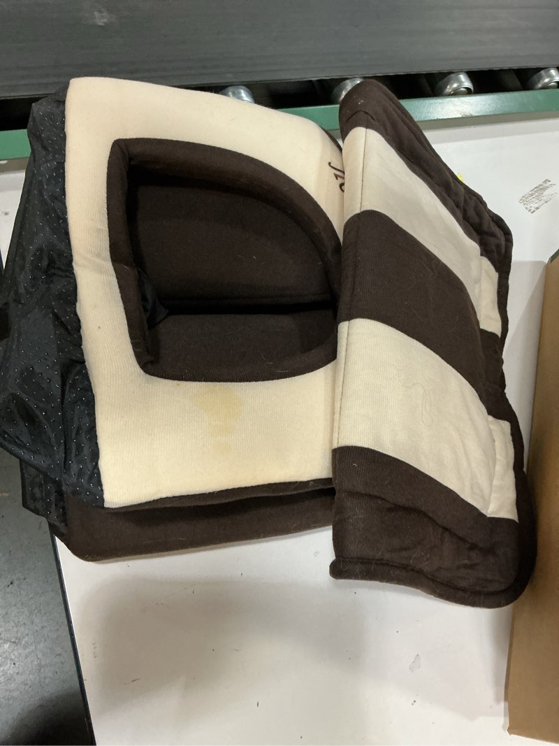 Condition photo showing As Is for Best Pet Supplies Dog House Bed Crate Mat Tent Indoor Round Soft Plush for Small, Medium, and Large Breeds - Beige w/Brown Stripes, 16 x 16 x 14" Beige w/ Brown Stripes 16" x 16" x H:14"