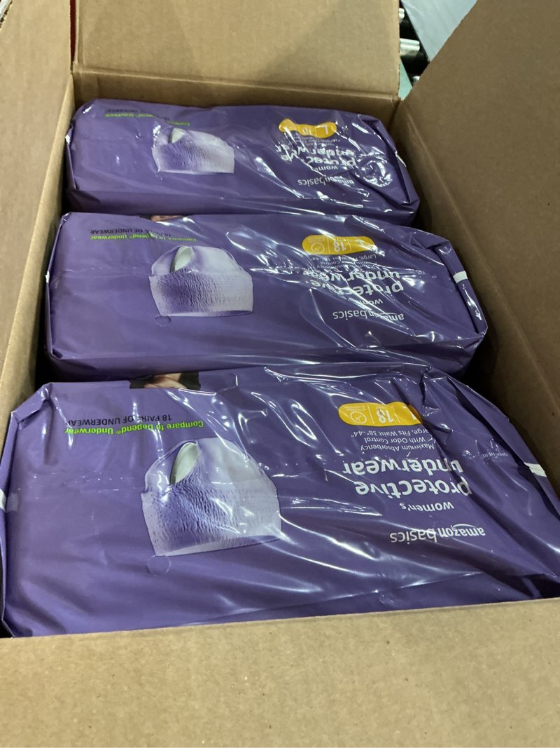 Condition photo showing New/Like New for Amazon Basics Incontinence & Postpartum Underwear for Women, Maximum Absorbency, Large, 54 Count, 3 Packs of 18 (Previously Solimo) (B098V8L3Z2)