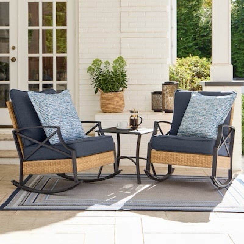 style selections kenwood 3 -piece wicker patio conversation set with navy cushions