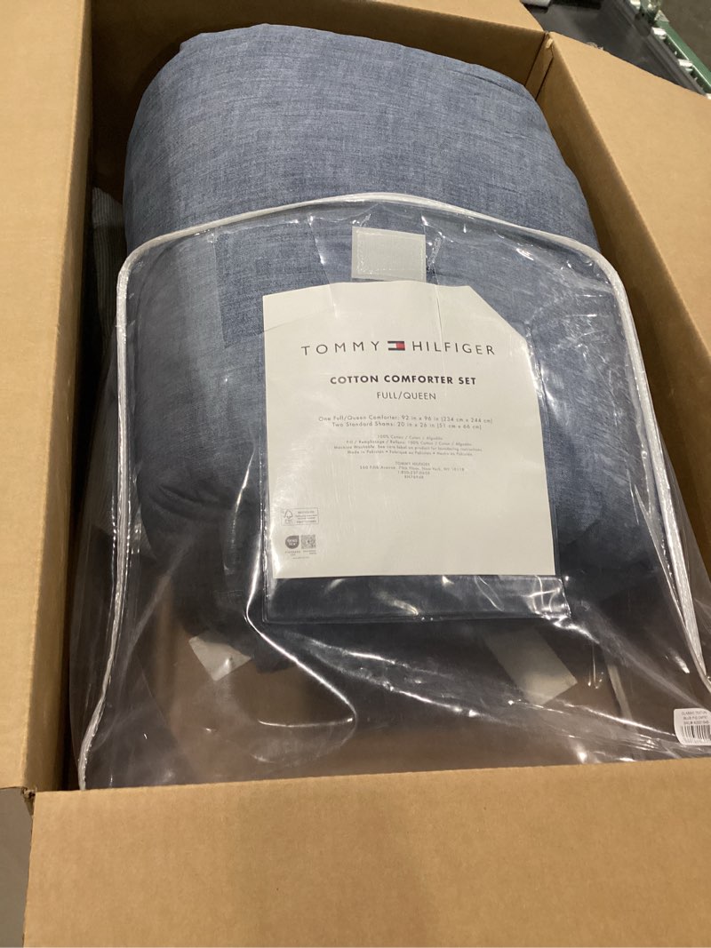 Condition photo showing As Is for Tommy Hilfiger - Full/Queen Comforter Set, Textured Cotton Plain Weave Bedding with Matching Shams, Reversible, Medium Weight for Year-Round Use, Oeko-Tex Certified (Dark Blue)