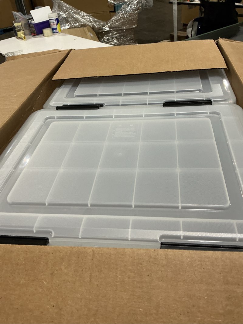 Condition photo showing Good Condition for IRIS USA 72 QT Plastic Storage Box with Lid and Latches - 4 Pack - BPA-Free, See-Through Organizing Solution, Durable Nestable Stackable Containers, Secure Pull Handle - Clear Clear 72 Qt 4 Pack