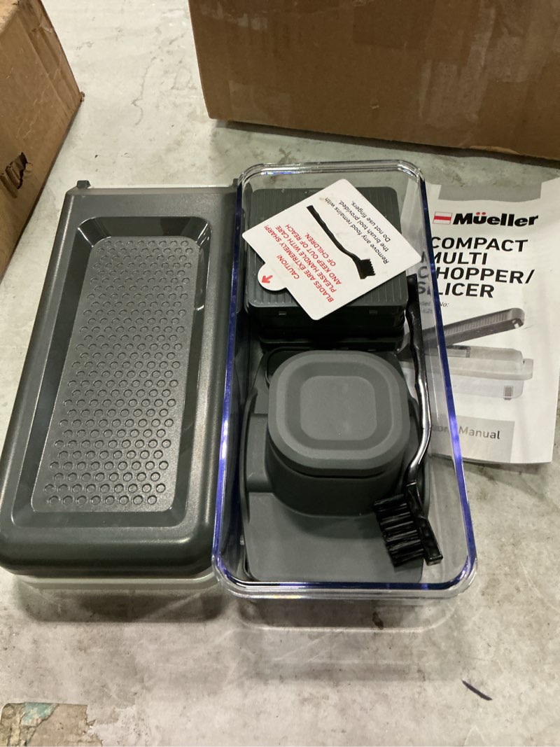 Condition photo showing As Is for mueller vegetable chopper mandoline slicer, food veggie chopper, cheese grater, onion vegetable cutter with container, dicer, kitchen gadgets essentials, white sand/grey