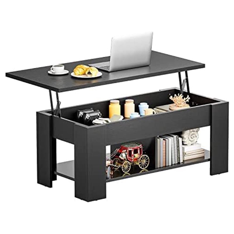 Coffee Table Lift Top with Storage Compartment and Separated Open Shelves (Black)