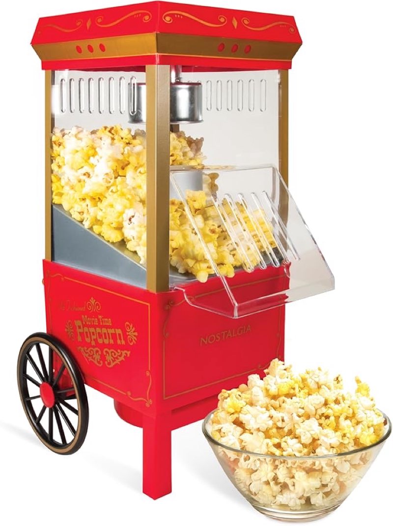 nostalgia vintage hot-air popcorn maker machine - makes up to 12 cups - oil-free - healthier popcorn - classic stand-up cart with wheels - includes kernel measuring cup - red