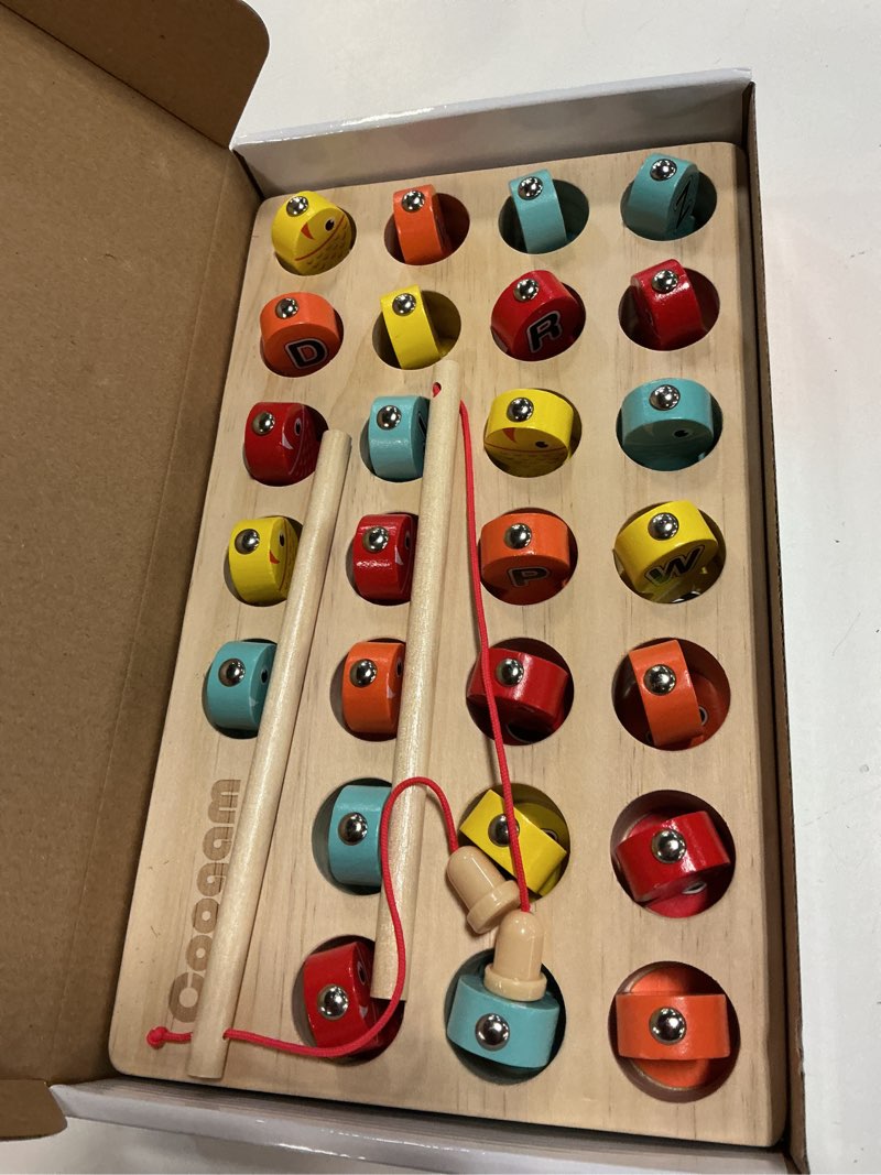 Condition photo showing Good Condition for coogam wooden magnetic fishing game, fine motor skill toy abc alphabet color sorting puzzle, montessori letters cognition preschool gift for years old kid early learning with 2 pole