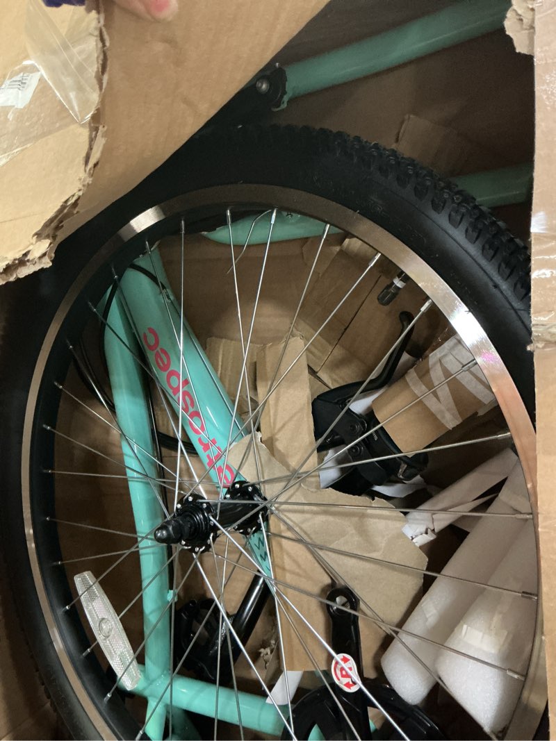 Condition photo showing As Is for retrospec dart kids bike - 7-speed hybrid bicycle for ages 6-11 with 29in all-season tires & shock absorption - adjustable height youth bike with v-brakes & smooth gear shifting seafoam 24