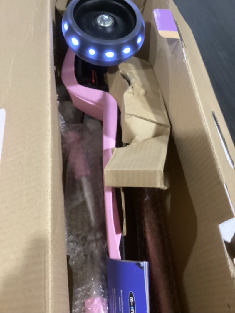Condition photo showing Good Condition for micro kickboard | maxi deluxe pro led kids scooter for ages 5–12 | children up to 110 lbs | 3 wheel lean-to-steer design | chopper-style handlebar | wide pu led wheels | swiss design rose