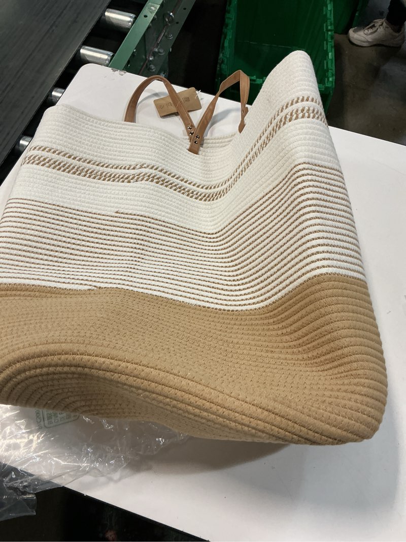 Condition photo showing Good Condition for danpinera Large Laundry Hamper – 75L Tall Woven Cotton Storage Basket with Leather Handles, Slim Dirty Clothes Hamper, Decorative Storage Basket for Blanket,Toys White & Jute White & Jute 75L Square