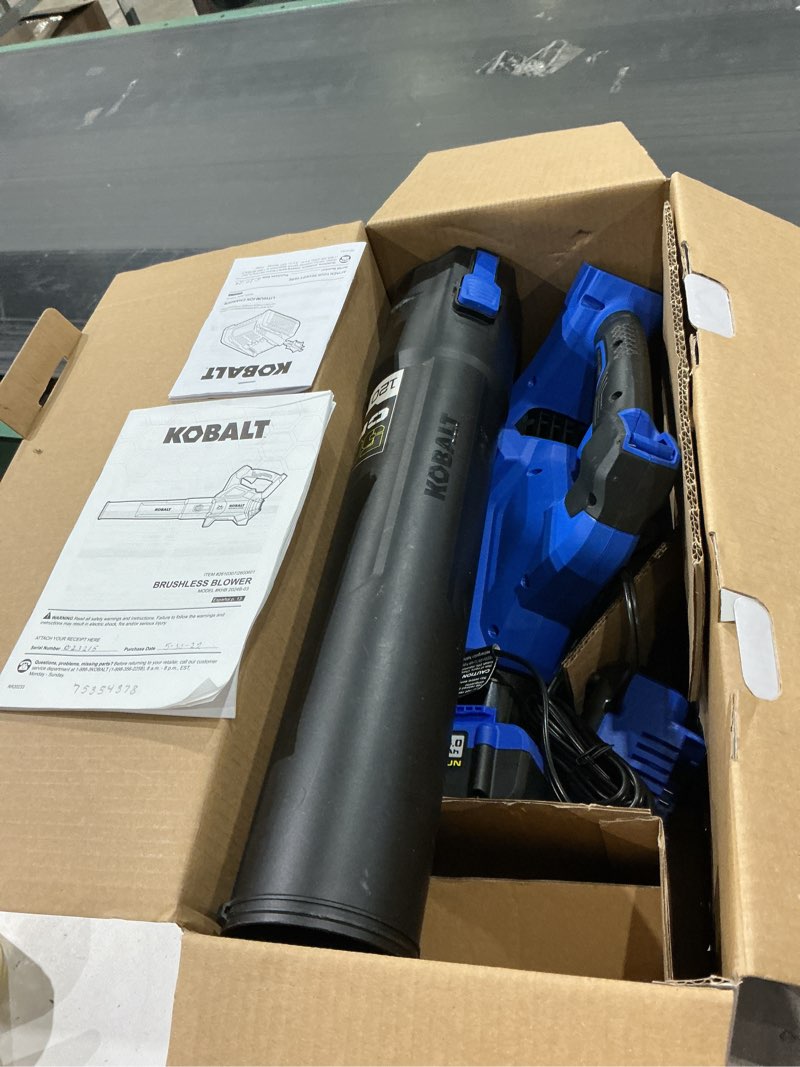 Condition photo showing As Is for kobalt 24-volt 500-cfm 120-mph battery handheld leaf blower 4 ah (battery and charger included)