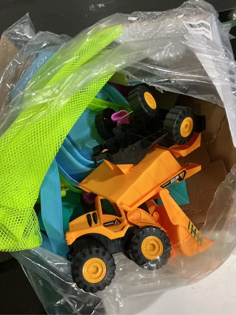 Condition photo showing As Is for fhozgecy beach toys, sand toys for kids boys and girls with 2 construction vehicle, 2 collapsible bucket, sand castle building kit, sand molds, mesh bag, outdoor toys for kids ages 4-8 2 bucket 2 vehicle