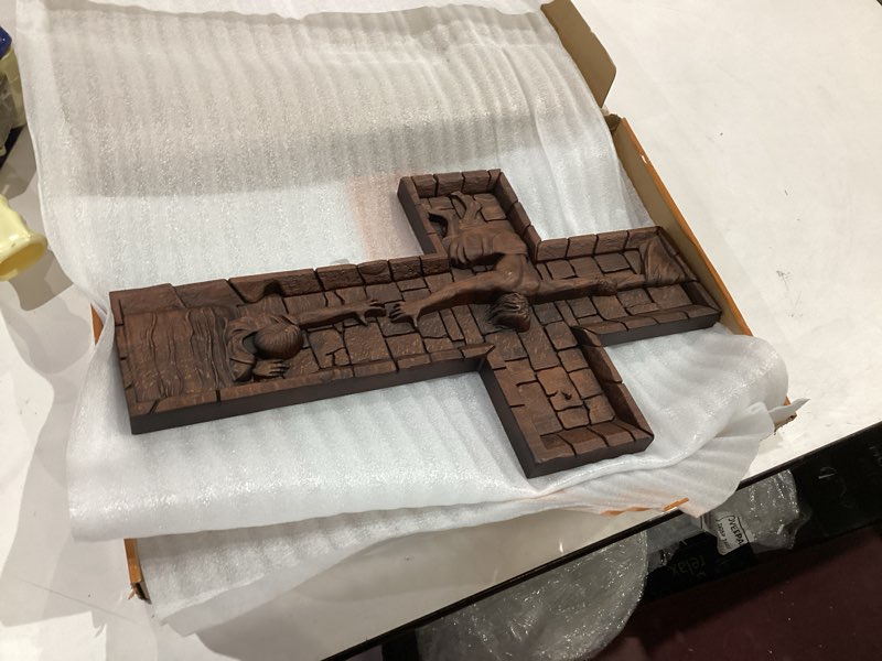 Condition photo showing Good Condition for bgcopper crucifix wall cross handmade wooden cross with hook, christian wall art jesus wall cross gifts for church home room decor christmas cross - 20 inch 20"l x 12.2"w savior jesus