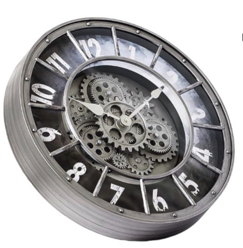 18 inch wall clock with moving gears, oversized large industrial steampunk decoration, antique metal