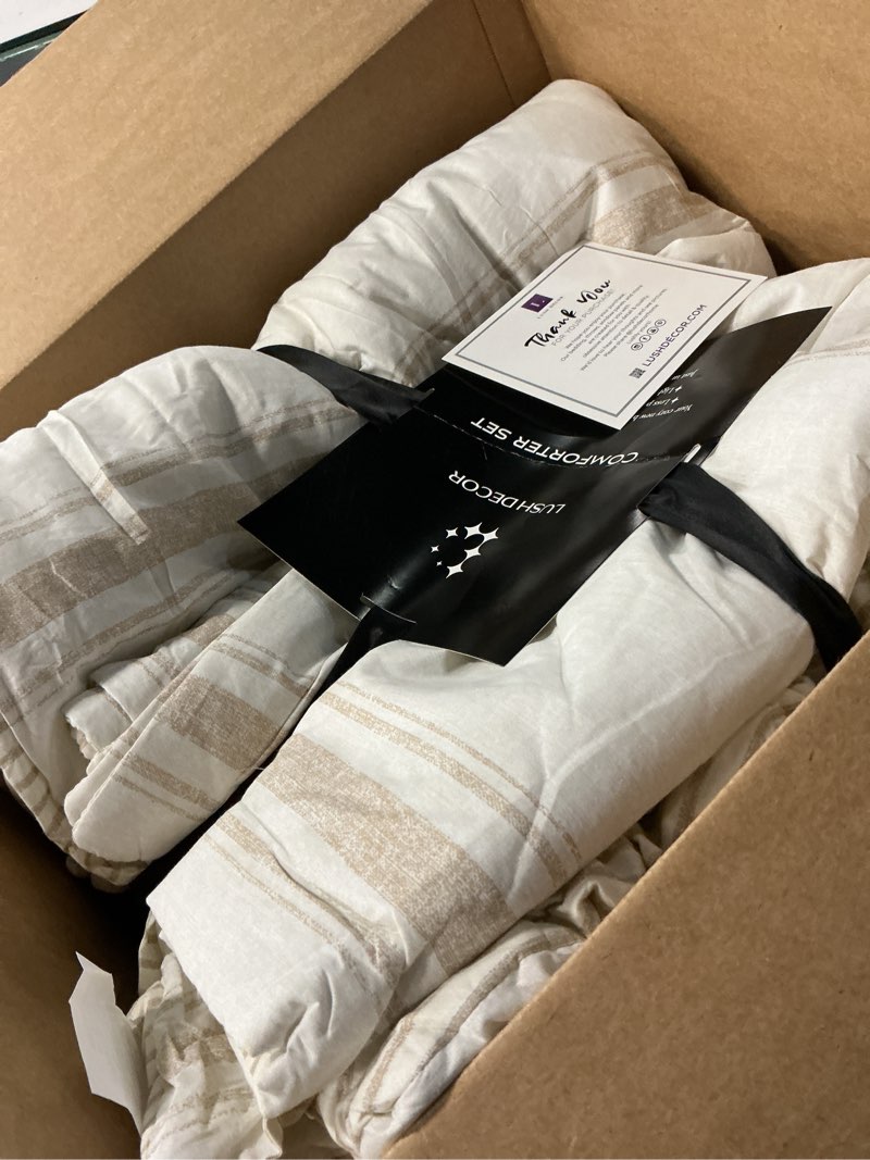 Condition photo showing Good Condition for lush decor farmhouse stripe reversible cotton comforter set - 3 piece cozy pinstripe bedding set - classic modern rustic charm bedroom decor - full/ queen, neutral