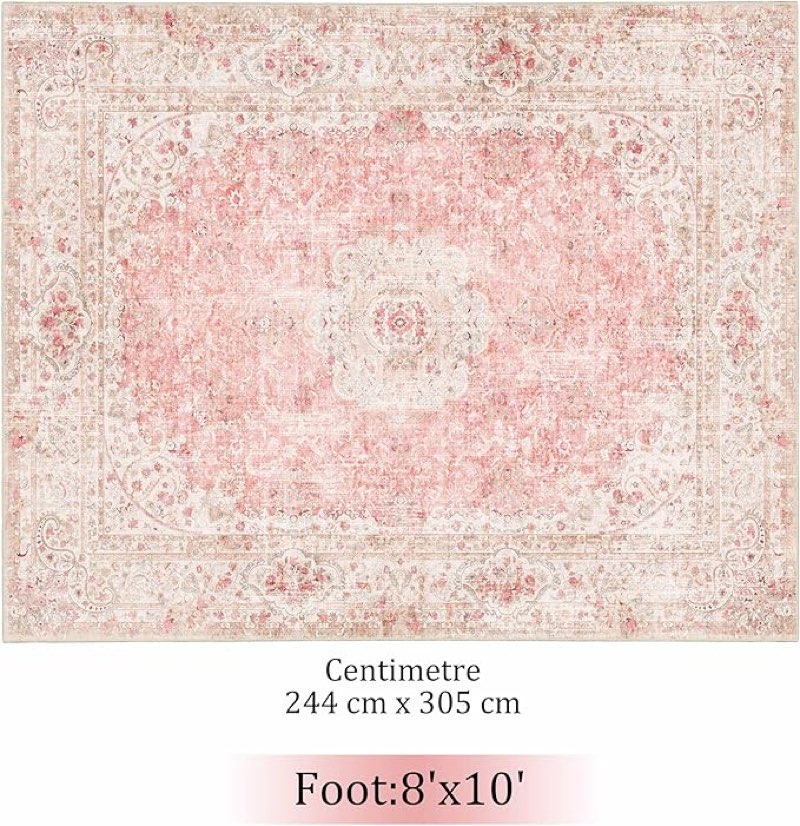 8x10 area rugs washable,pink rug for living room bedroom dining room,large boho vintage bohemian distressed carpet non slip,blush