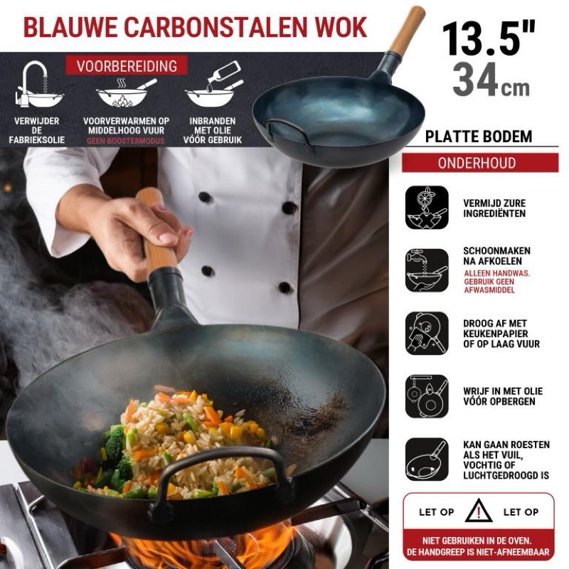 13.5-inch pre-seasoned blue carbon steel wok flat bottomed