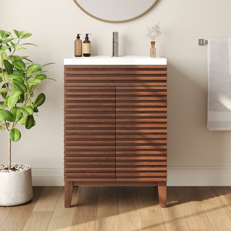  Cove 24" Bathroom Vanity with Ceramic Sink Top, Fully Assembled Mid-Century Wood Bathroom Cabinet Walnut