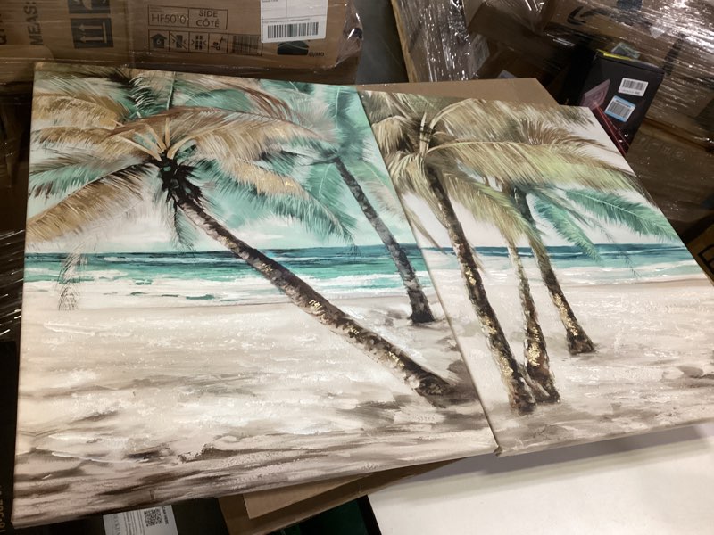 Condition photo showing Good Condition for Beach Palm Trees Wall Art: Abstract Coastal Picture Tropical Ocean Scene Artwork Seascape Painting Print on Canvas for Modern Living Room Bathroom Office 24''x18''x2 panels