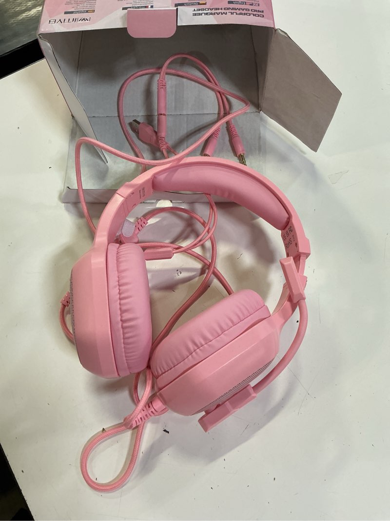 Condition photo showing As Is for gaming headset with microphone for pc, xbox one series x/s, ps4, ps5, switch, stereo wired noise cancelling over-ear headphones with mic, rgb, for computer, laptop, mac, nintendo (pink)