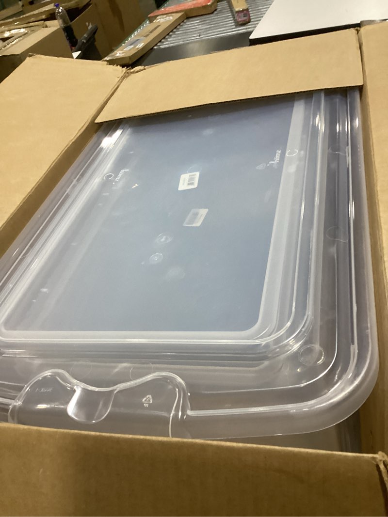 Condition photo showing As Is for HOMZ 2-Pack Latching Lid, Large Clear Plastic Storage Bins w/Lids, 112 Quart, Gray Latch - Stackable Container Boxes for Home, Bathroom, and Office Organization Gray 112 QT (2 Pack)