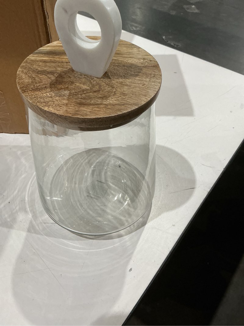Condition photo showing Good Condition for small clear glass jar with mango wood & marble lid