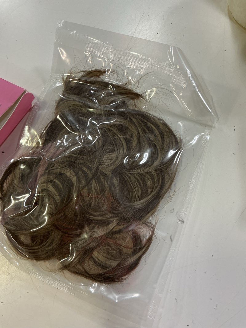 Condition photo showing New/Like New for cjl hair large messy bun hair piece wavy curly scrunchies synthetic chignon ponytail hair extensions thick updo hairpieces for women brunette/ash blonde brunette / ash blonde
