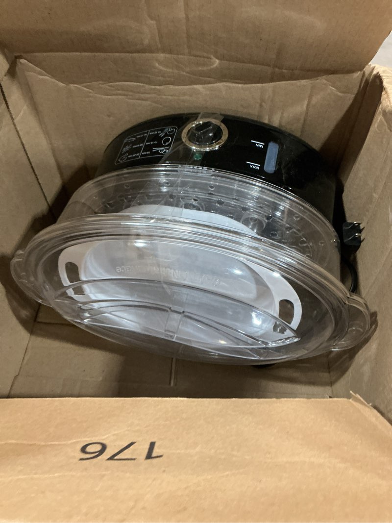 Condition photo showing As Is for bella two tier food steamer with stackable baskets & removable base for fast simultaneous cooking - auto shutoff & boil dry protection, 7.4 qt, black