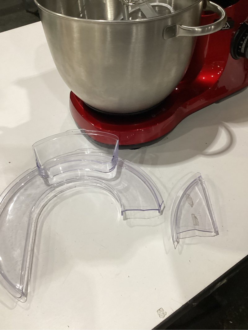 Condition photo showing As Is for NOT TESTED Hamilton Beach Electric Stand Mixer, 4 Quarts, Dough Hook, Flat Beater Attachments, Splash Guard, 7 Speeds with Whisk, Easy-Carry Top Handle, Red Red 4 Quarts