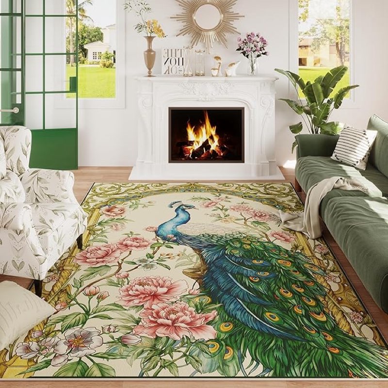 Living Room Rug 5 x 3 Rug Machine Washable Floral Peacock Area Rug Non Slip Floral Animal Vintage Low Pile Large Rugs for Living Room, Bedroom, Farmhouse, Dining Room, Kids Playroom (Beige)