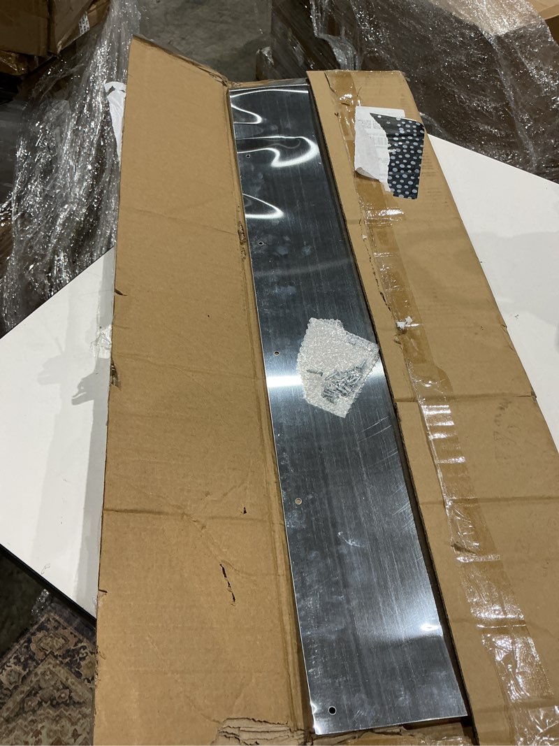 Condition photo showing As Is for prime-line j 4620 10 x 34 in., aluminum, door kick, satin finish (single pack) | 10 x 34 in, single pack