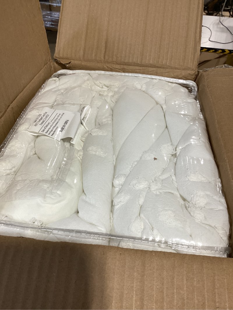 Condition photo showing Good Condition for comfort spaces cotton comforter set jacquard pom-pom tufts design, down alternative, all season modern bedding, matching shams, full/queen, phillips, ivory full/queen ivory