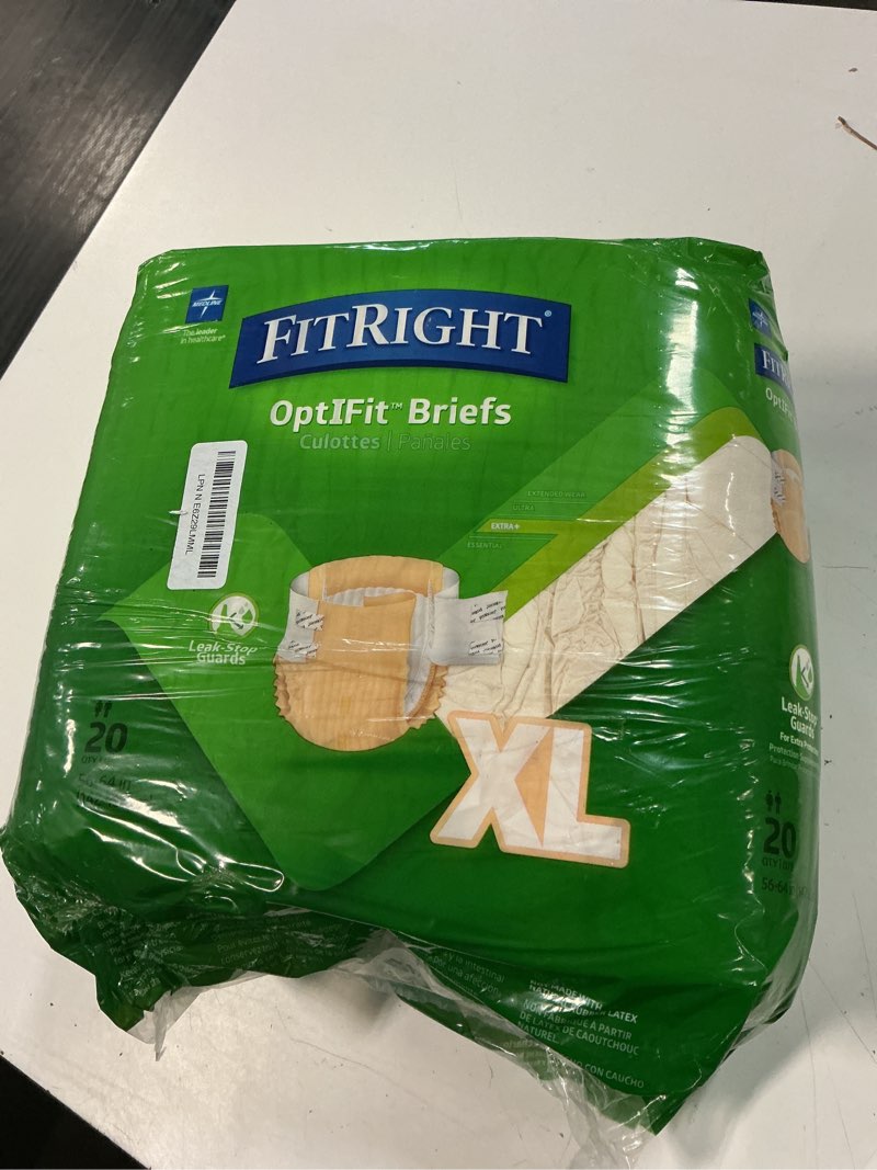 Condition photo showing New/Like New for fitright adult diapers, extra+ heavy absorbency, xl (waist size 56in-64in), 20 count, optifit incontinence briefs for men and women, disposable, moisture-wicking, leak protection, 20 count x-large