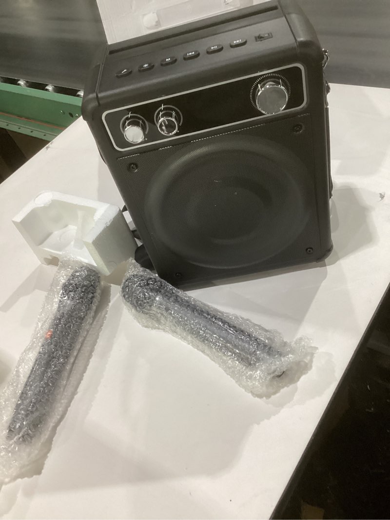 Condition photo showing Good Condition for karaoke machine, portable bluetooth karaoke speaker with 2 wireless microphones, pa system for adults kids with led lights & echo adjustment, supports tws/tf/usb/aux for home party t03-2 mics, not tested