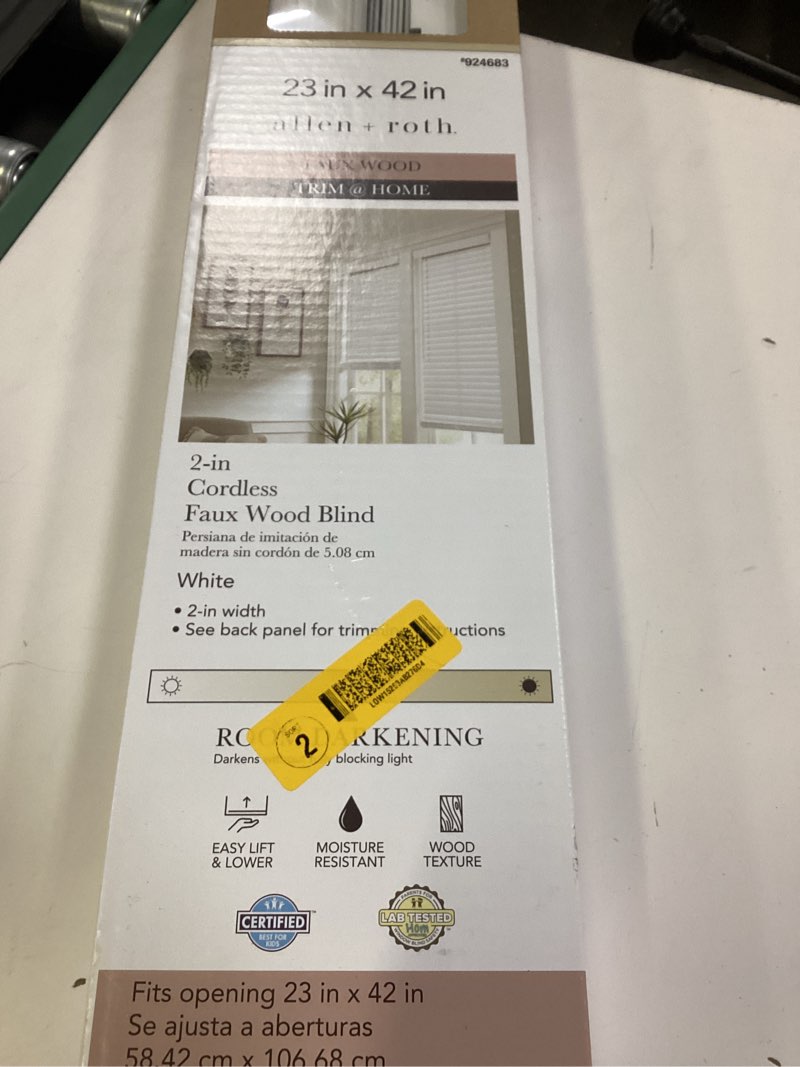 Condition photo showing New/Like New for allen + roth trim at home 2-in slat width 23-in x 42-in cordless white faux wood room darkening horizontal blinds
