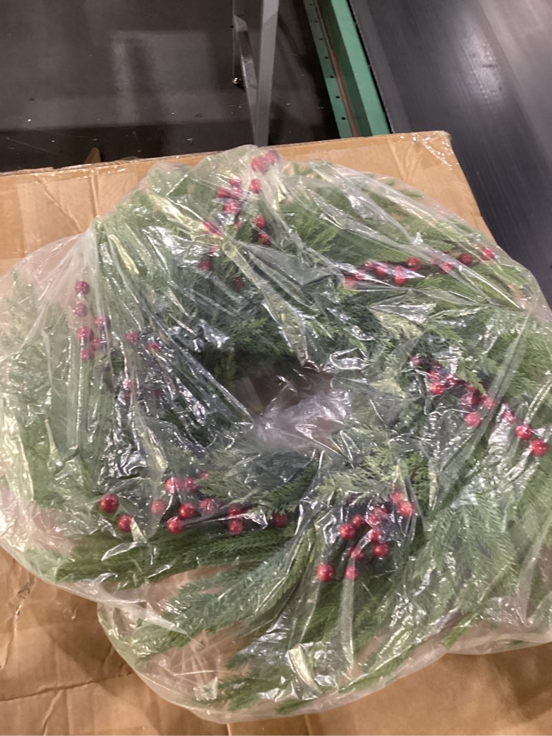 Condition photo showing New/Like New for 26 Inch Pine Wreath Christmas Wreaths for Front Door Real Touch Large Wreath Artificial Cedar Green Wreaths for Walls Windows Porches Farmhouse Indoor Outdoor Xmas Winter Holiday Home Decor