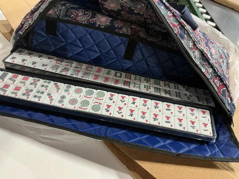 Condition photo showing Good Condition for american mahjong game set, 166 white tiles, 4 all-in-one color rack/pushers, complete mahjong tile set, printed carrying bag deep blue