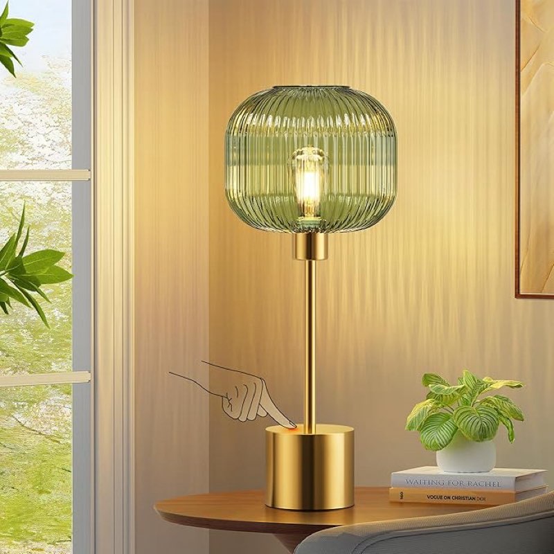 qimh glass table lamp for living room, modern bedside lamp with green ribbed glass shade, 3-way dimm