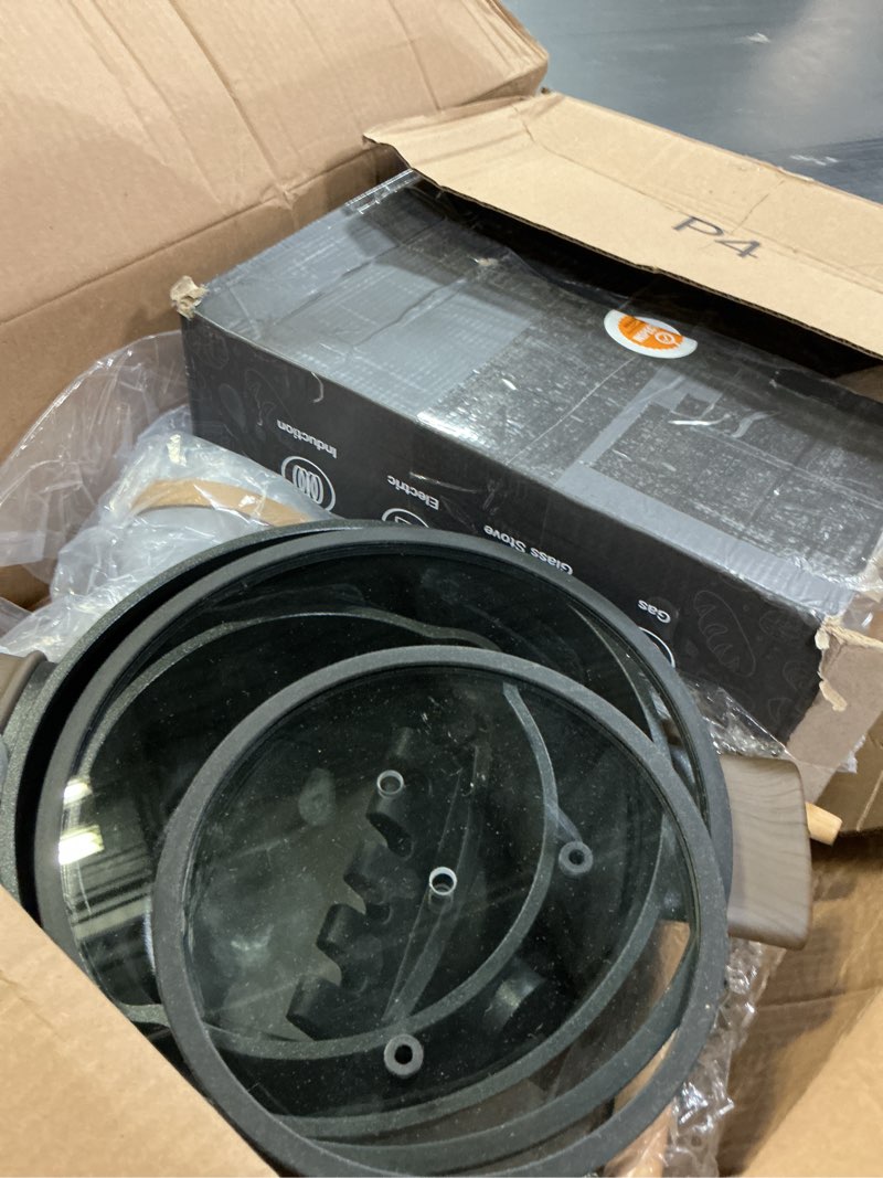 Condition photo showing As Is for Astercook Non Stick Pots and Pans Set, Healthy Non-Toxic Titanium Induction Kitchen Cookware Sets for Cooking with Frying Pans, PFAS/PTFE/PFOA & PFOS Free, Black, 19 Pcs