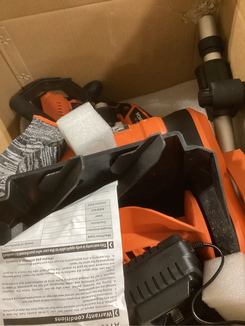 Condition photo showing As Is for Cordless Snow Shovel, Electric Snow Shovel 12" Width 6.7" Depth Cleaning and 20ft Throwing Distance, 4 Ah 21V Battery Brushless Snow Mover with Adjustable Front Handle for Driveway, Steps, Patio Orange