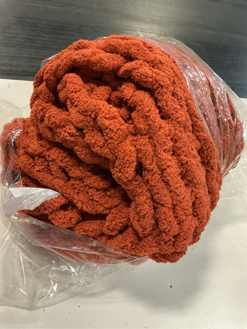 Condition photo showing As Is for chunky knit throw blanket, 30''*40'' fall throw blanket knitted chenille yarn for bed couch, handmade orange crochet big thick blanket, machine washable cute comfy blankets for home decor orange 30"x40"