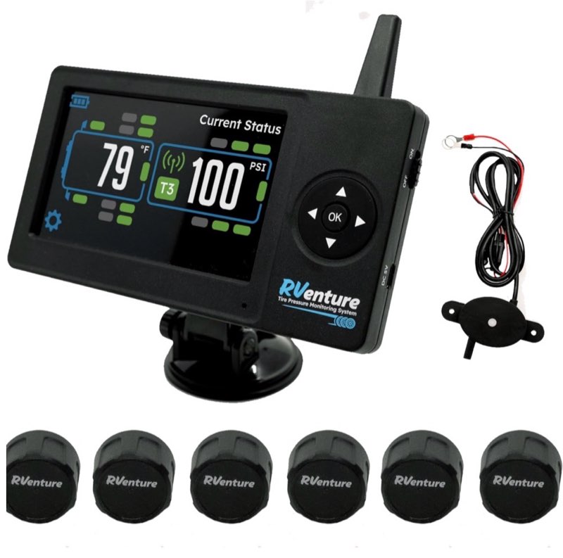 RVenture RV Tire Pressure Monitoring System with 4 Cap Sensors and Color Display for Metal/Rubber Va