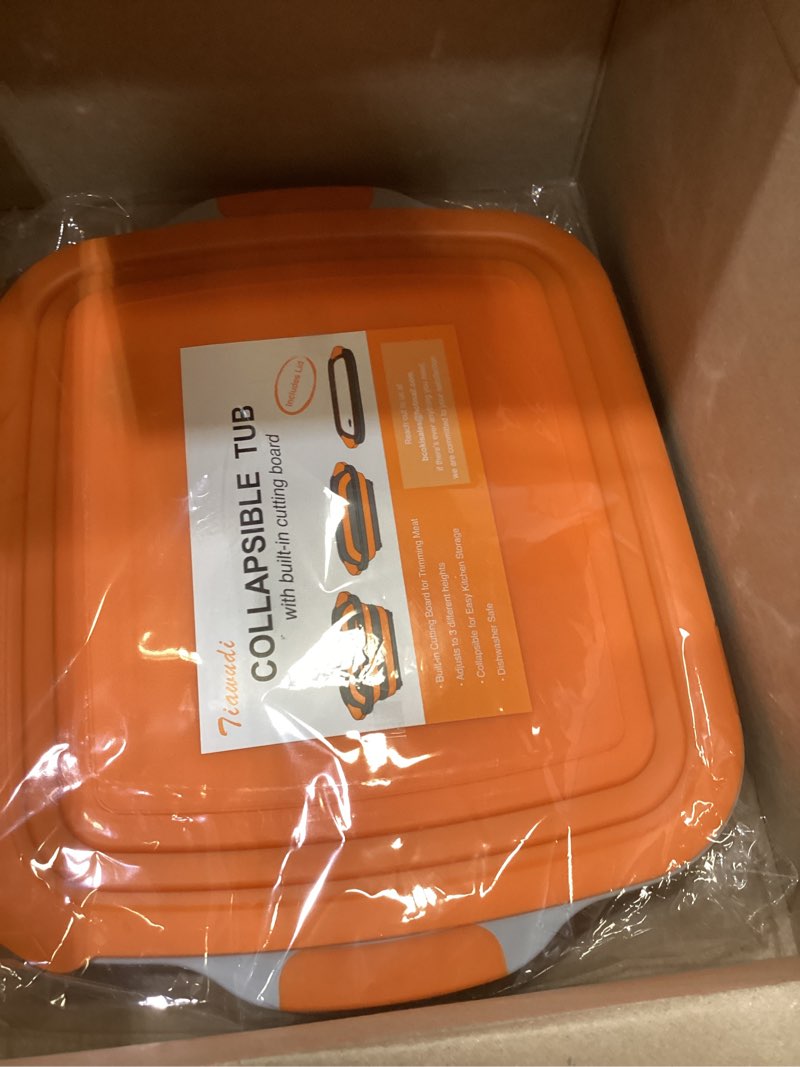 Condition photo showing Good Condition for tiawudi large collapsible bbq prep tub with locking lid, basket for meal prep marinating food storage, plastic cutting board(4.22 gal/16l), camping sink with colander, dish basin