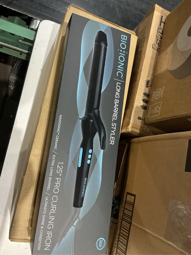 Condition photo showing As Is for bio ionic long barrel curling iron with moisture heat technology & nanoionic mx versatile curling wand - multiple barrel sizes for tight, classic, loose & soft curls 1.25 inch (loose curls) black