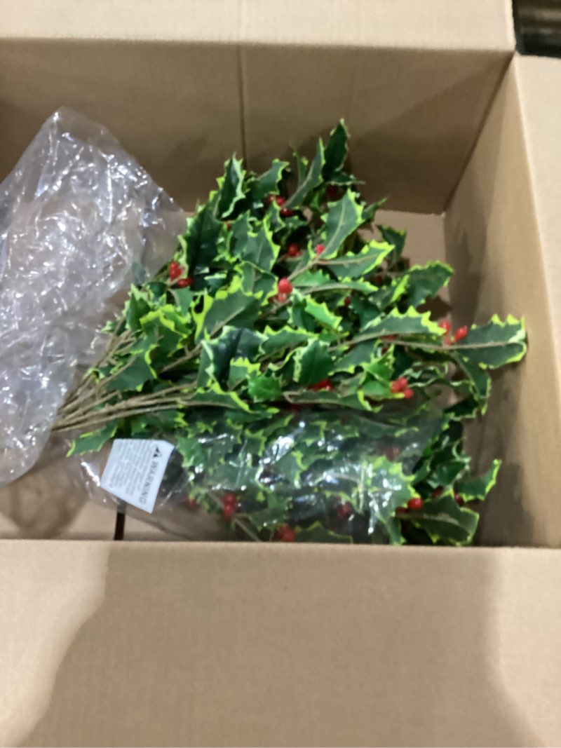Condition photo showing item condition for Admired By Nature 2pcs Artificial Holly Leaves Berries Christmas Bush for Christmas Decorations Home Decor, Fake Plants, Holiday Bush, Floral Arrangement, Christmas Cemetery Flowers, Green