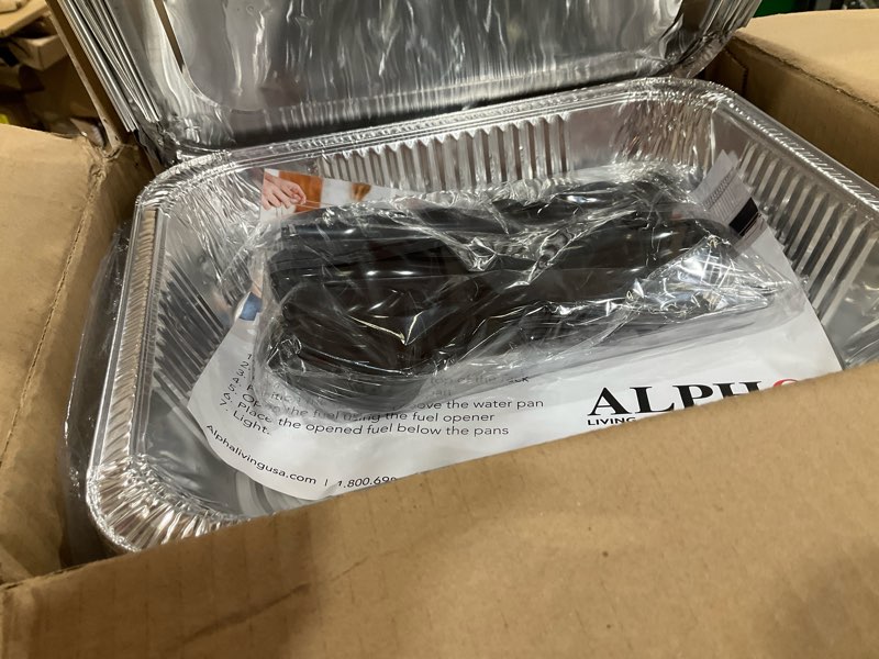 Condition photo showing New/Like New for Alpha Living 6 Pack - Disposable Chafing Dish Buffet Set, Half Size Pans, Welded Body Food Warmers for Parties, Fuel Cans Complete Set, Warming Trays Complete Kit (with Racks)