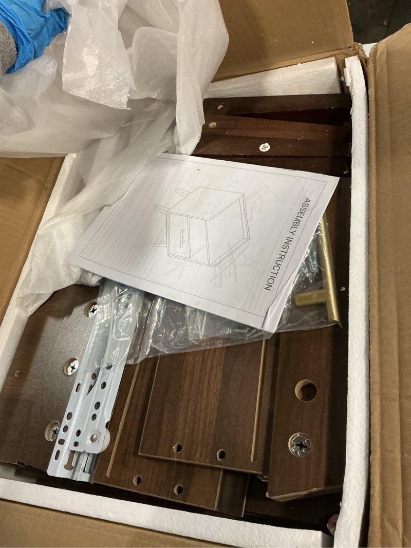 Condition photo showing New/Like New for Modern Fluted Nightstand with Drawer and Open Storage Shelf, Bedside Table with Raised Edge, Boho Night Stand with Solid Wood Legs & Metal Handle, End Table for Bedroom Walnut Walnut Fluted style