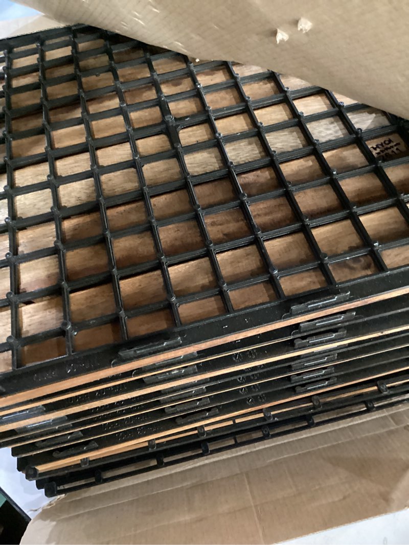 Condition photo showing Good Condition for thyoi premium deck tiles, patio flooring - set 10 pcs 12”x12”x0.9” interlocking deck tiles, waterproof acacia wood for balcony, backyard, indoor & outdoor (golden teak, striped pattern, square joints) golden teak set 10 striped pattern